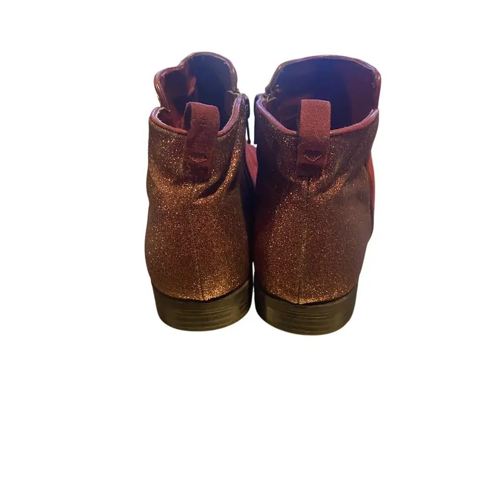 Wonder Nation Girls Winter Ankle Boots 5 Red Maroon Side Zip Glitter Faux Suede